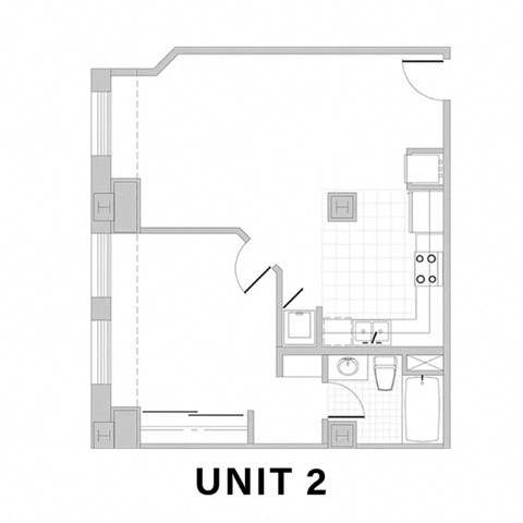 Floor plan for 1 bed, 2 baths, 654 sqft